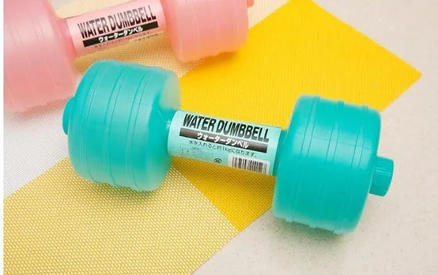 Pair of water-filled fitness dumbbells in pink and green, polypropylene, approximately 1kg each when filled