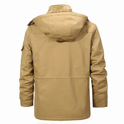 Long length pure cotton jacket with velvet lining, stand-up collar and hood in khaki green black colour options