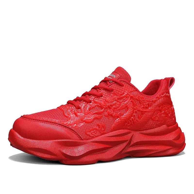 Fly knit casual sneakers in Chinese dragon colourway with micro fibre uppers and rubber soles