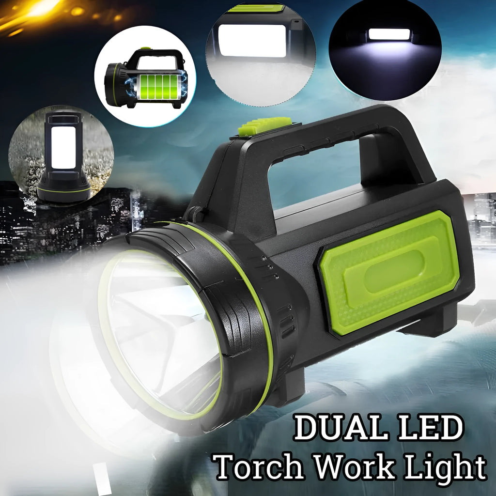 Green USB-rechargeable super bright LED flashlight showing size and design.