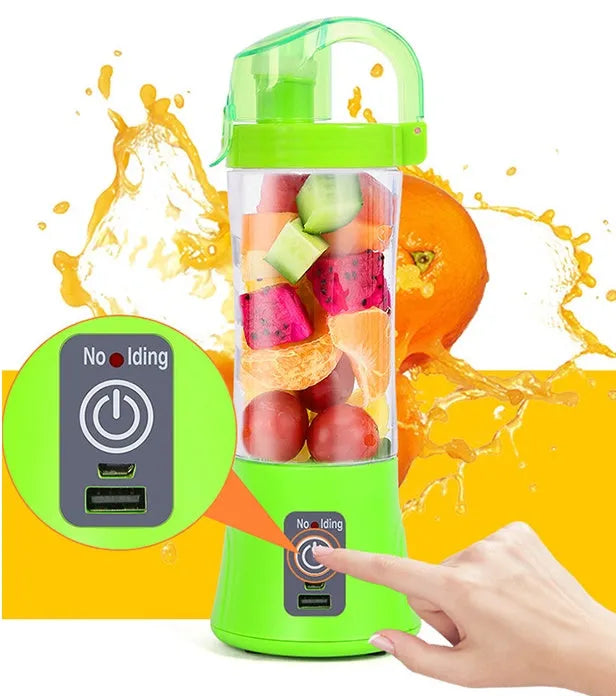 Blue portable electric handheld juicer with USB charging port and 400ml measurement markings on cup.