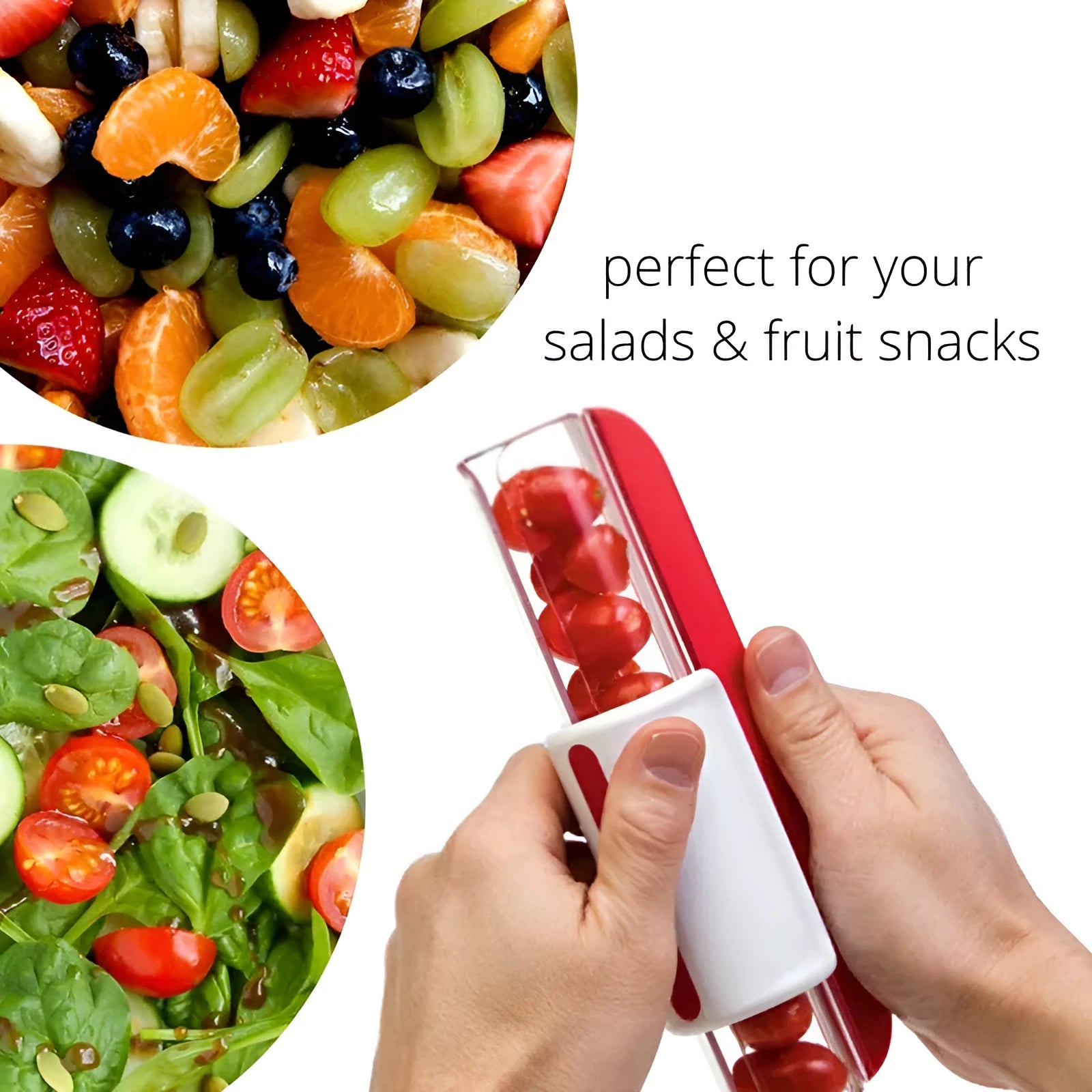 Handheld tomato and grape slicer in green with concealed stainless steel blade on a white background