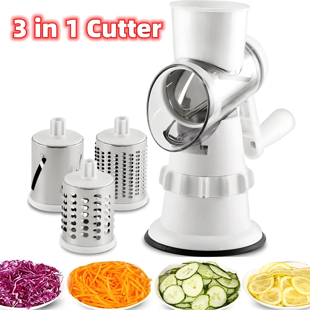 White 3-in-1 manual vegetable slicer and grater with suction feet on a kitchen counter.