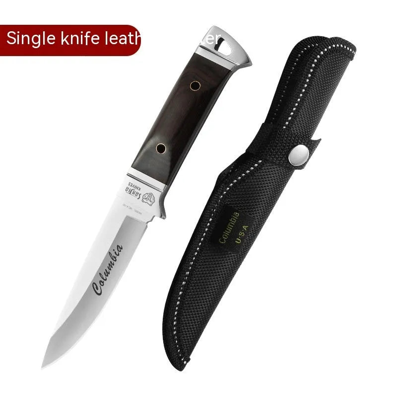 National style stainless steel camping fruit knife shown with its leather protective case.