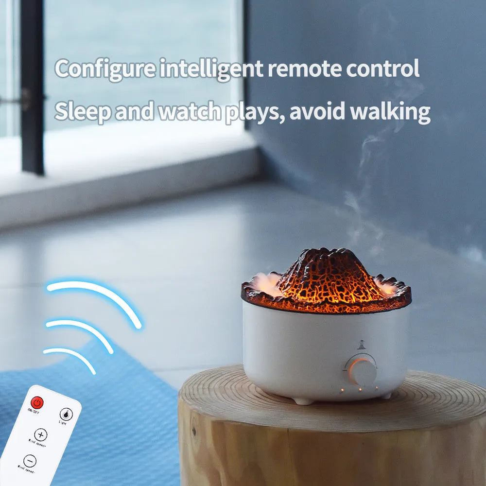 White volcano-shaped humidifier with flame effect lighting and remote control