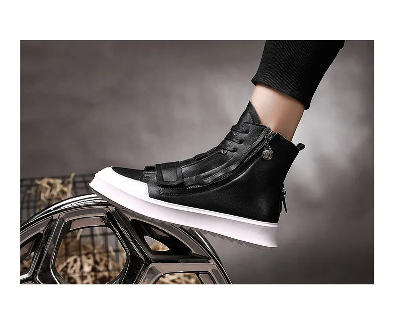 Men's black and white PU leather ankle boots with a high-top sneaker design for winter.