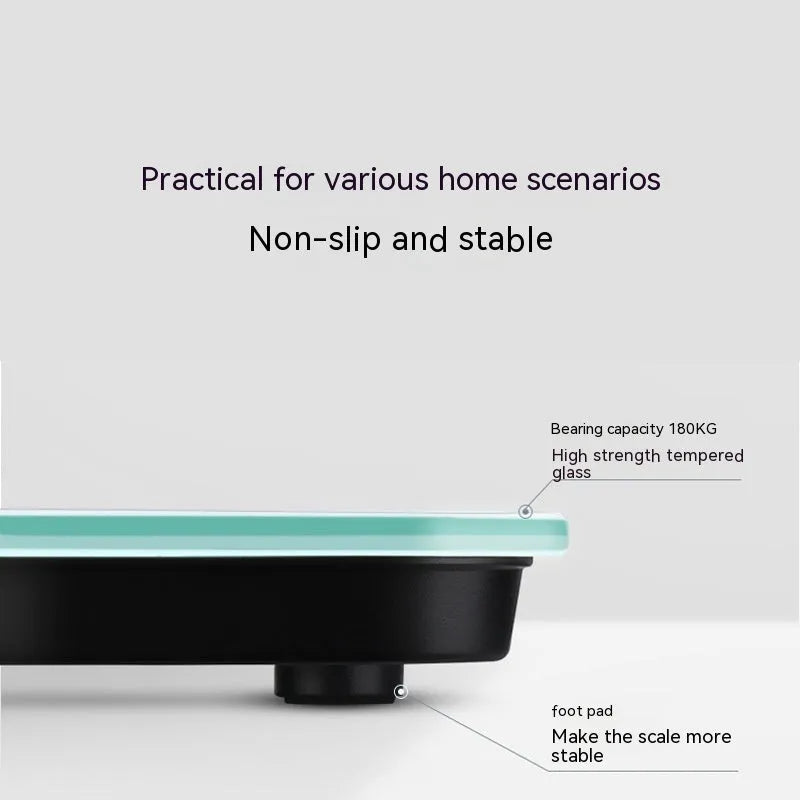 Electronic body weight scale with digital display in black, rose red or white finish.