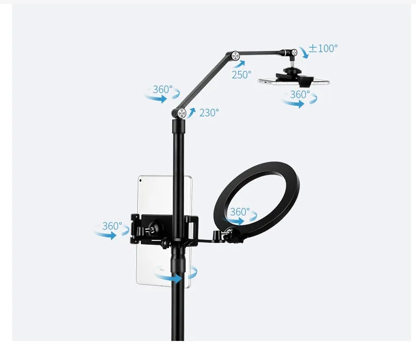 Black vertical floor stand with LED fill light holding mobile phone for filming