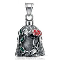 Titanium steel geometric motorcycle lucky bell with polished finish and double-sided epoxy rose design
