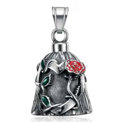 Titanium steel geometric motorcycle lucky bell with polished finish and double-sided epoxy rose design
