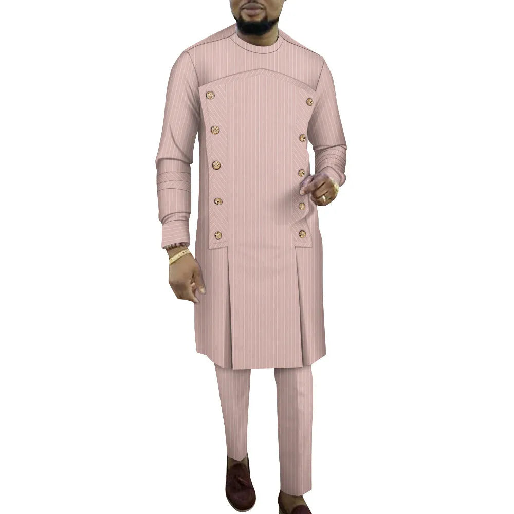 African striped cotton lounge set for men with long sleeve top and trousers