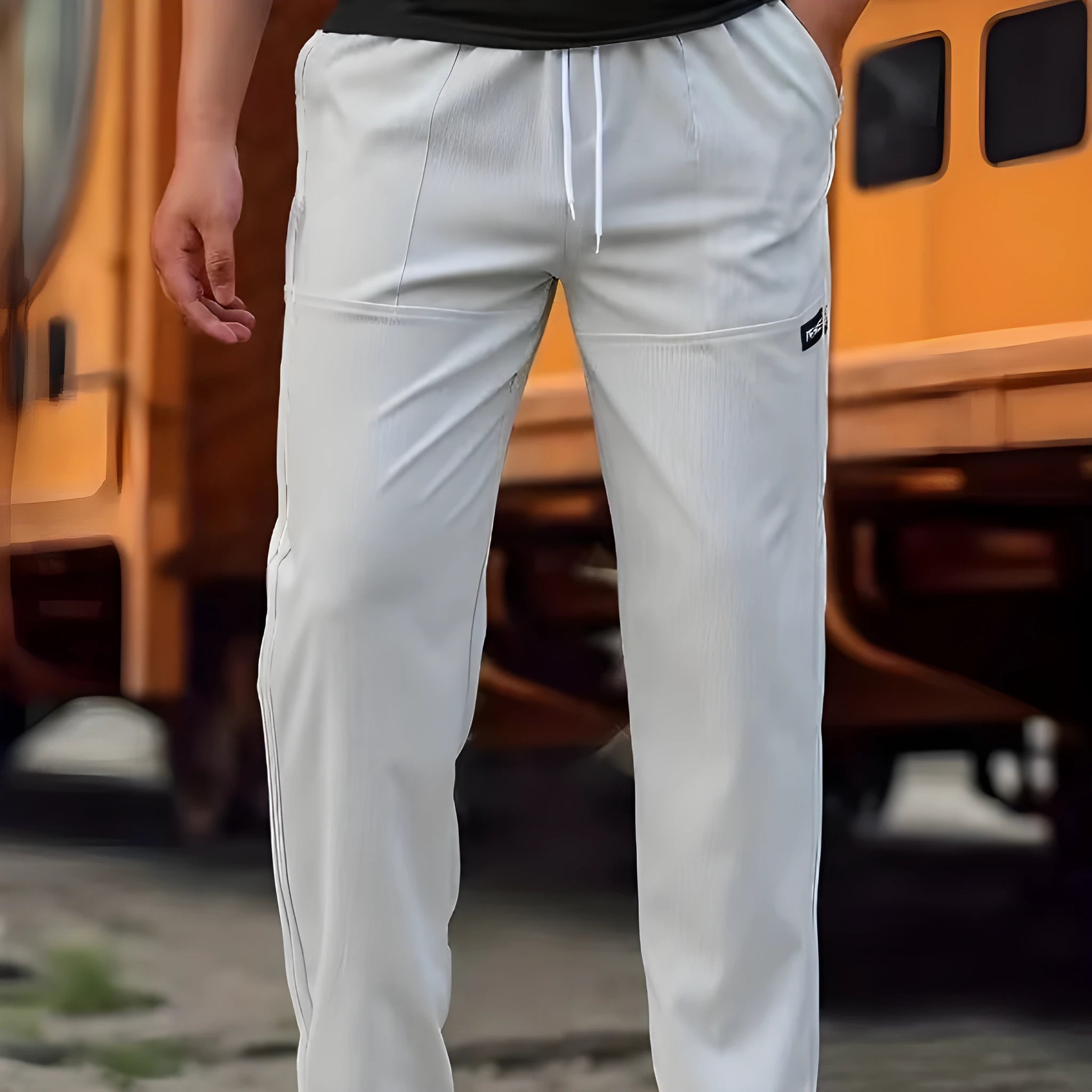 Men's light grey casual chino-style trousers made from polyester for spring and autumn wear.