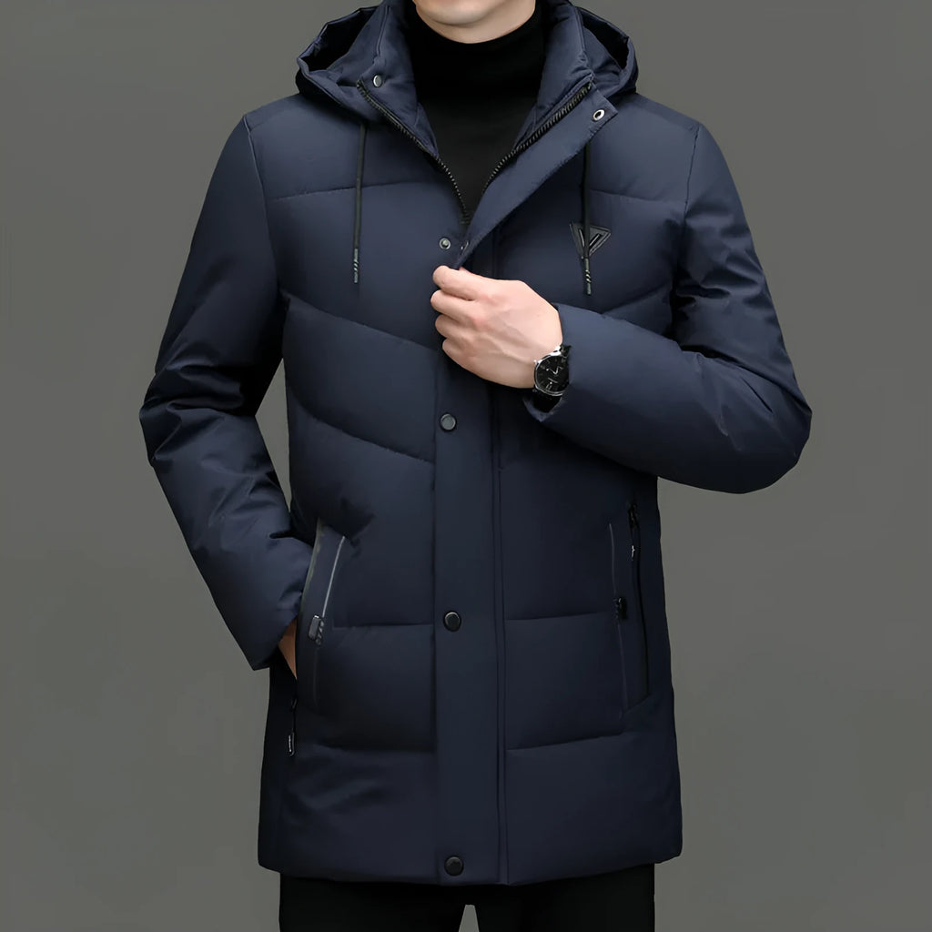 Men's extra thick down cotton-padded jacket in black, cardigan style with side pockets