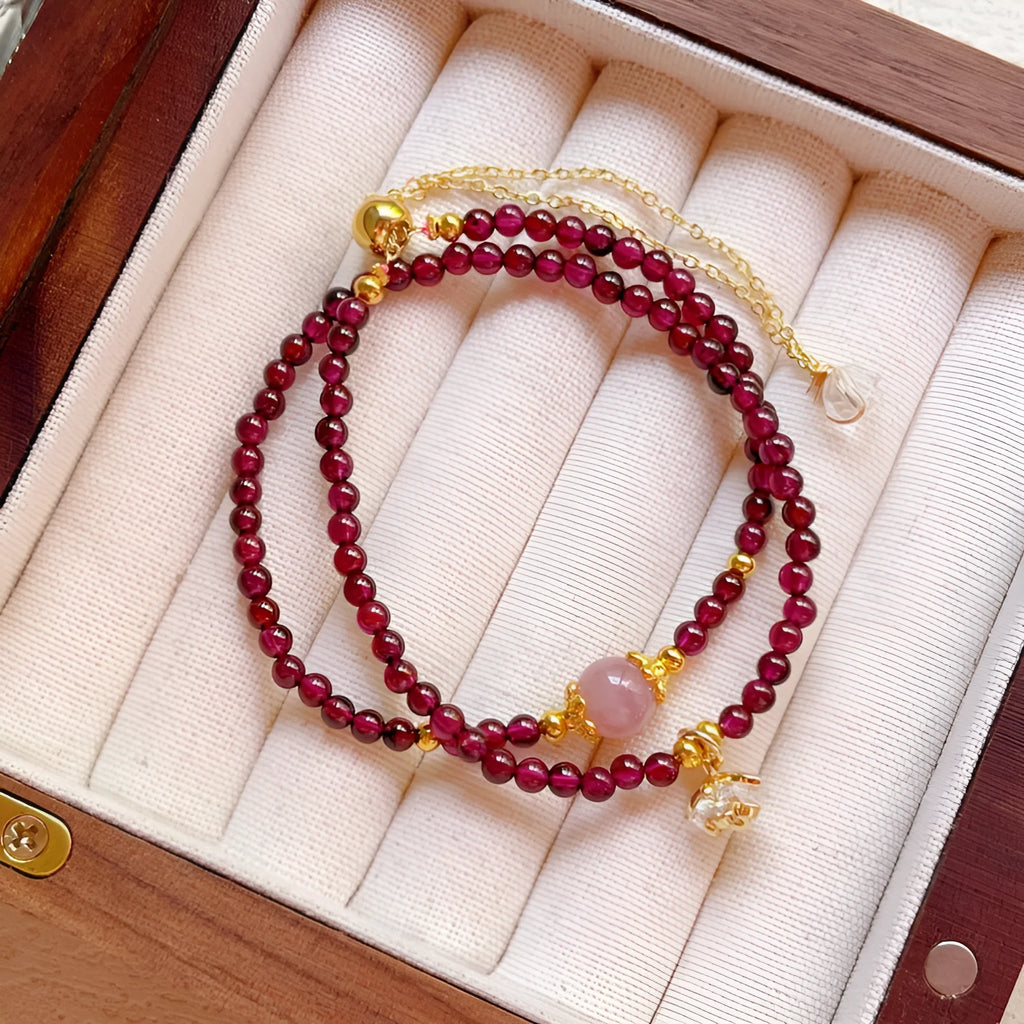 Women's natural garnet bracelet with double ring design in H311 colour, handcrafted using manual processing techniques