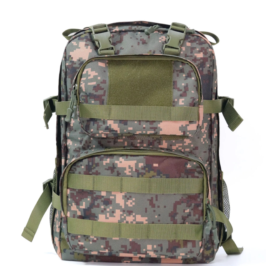 Camouflage waterproof outdoor rucksack with air pillow belt showing 30x15x46cm dimensions