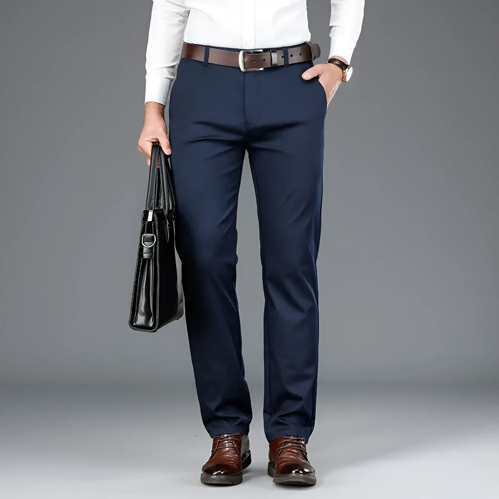 Men's high waist loose business casual trousers in khaki, straight leg, polyester, sizes 28-42