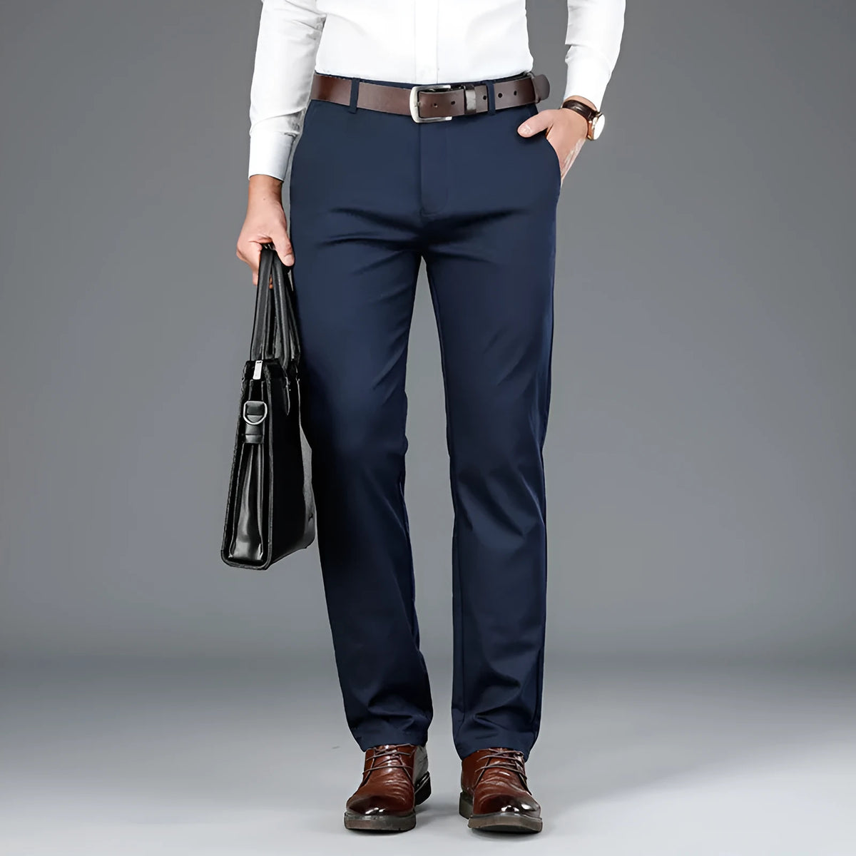 Men's high waist loose business casual trousers in khaki, straight leg, polyester, sizes 28-42