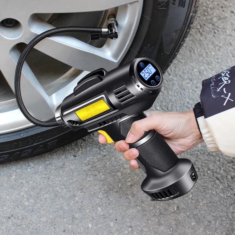 Wireless digital display car and bicycle tyre inflator with charging cable