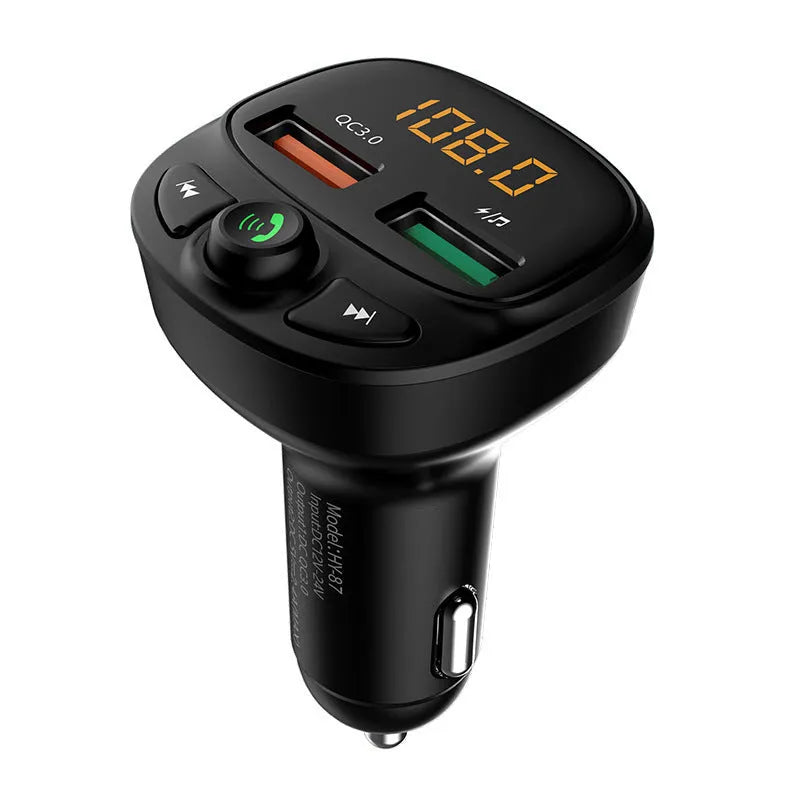 Car Bluetooth 5.0 FM transmitter with 1.1 inch LED screen and QC3.0 charging, powered by 12V-24V cigarette lighter