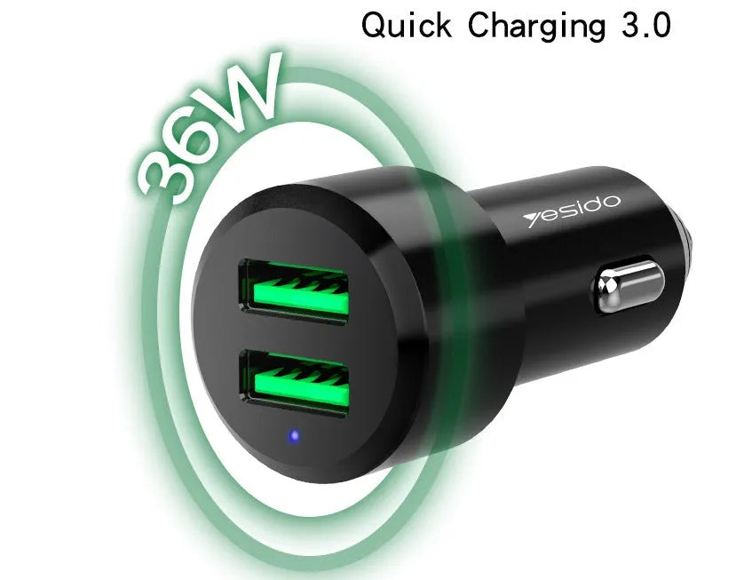 Black dual USB car charger with QC3.0 fast charge output and aluminium alloy body
