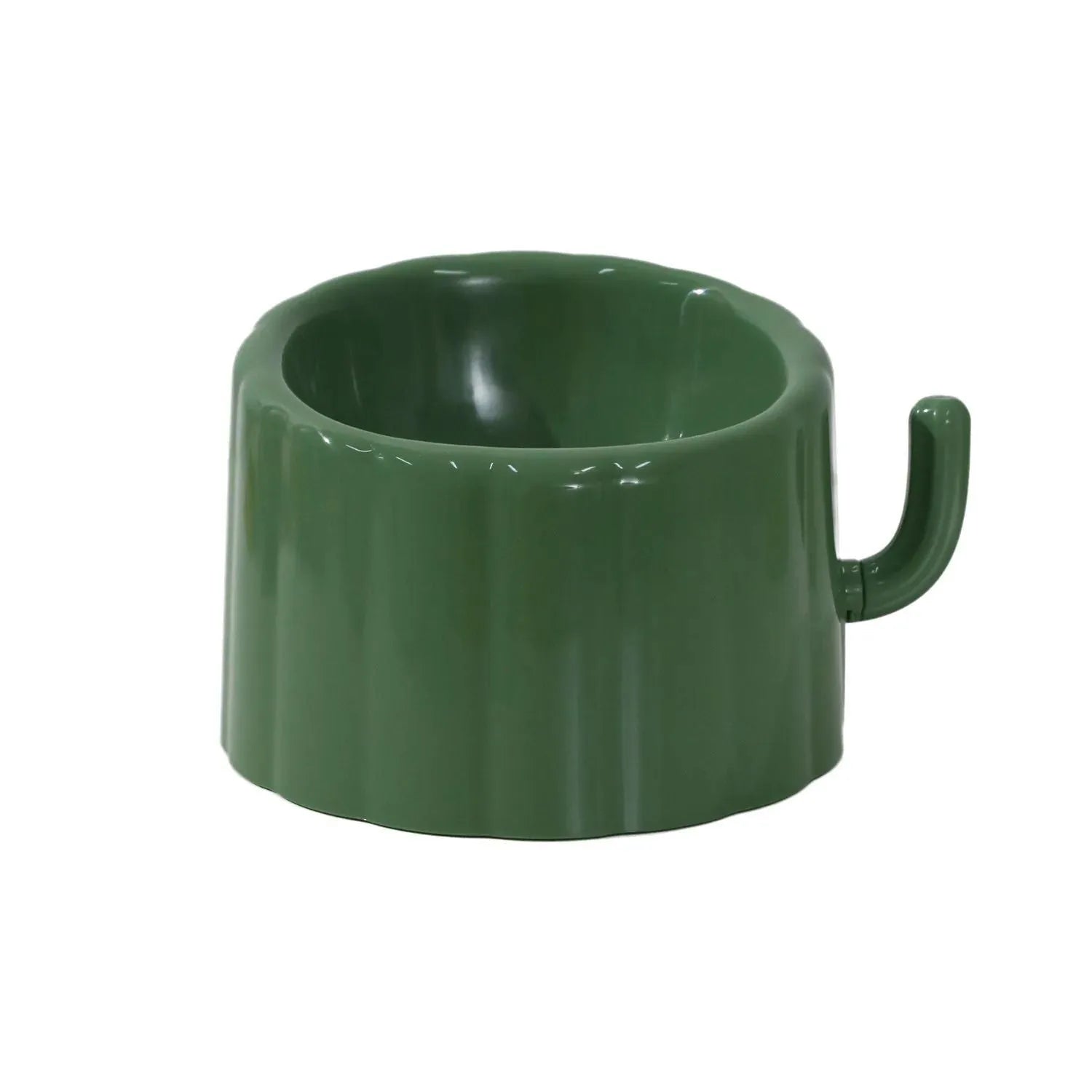 Dark green ceramic cat bowl on a raised cactus-design stand with wide rim and anti-slip base.