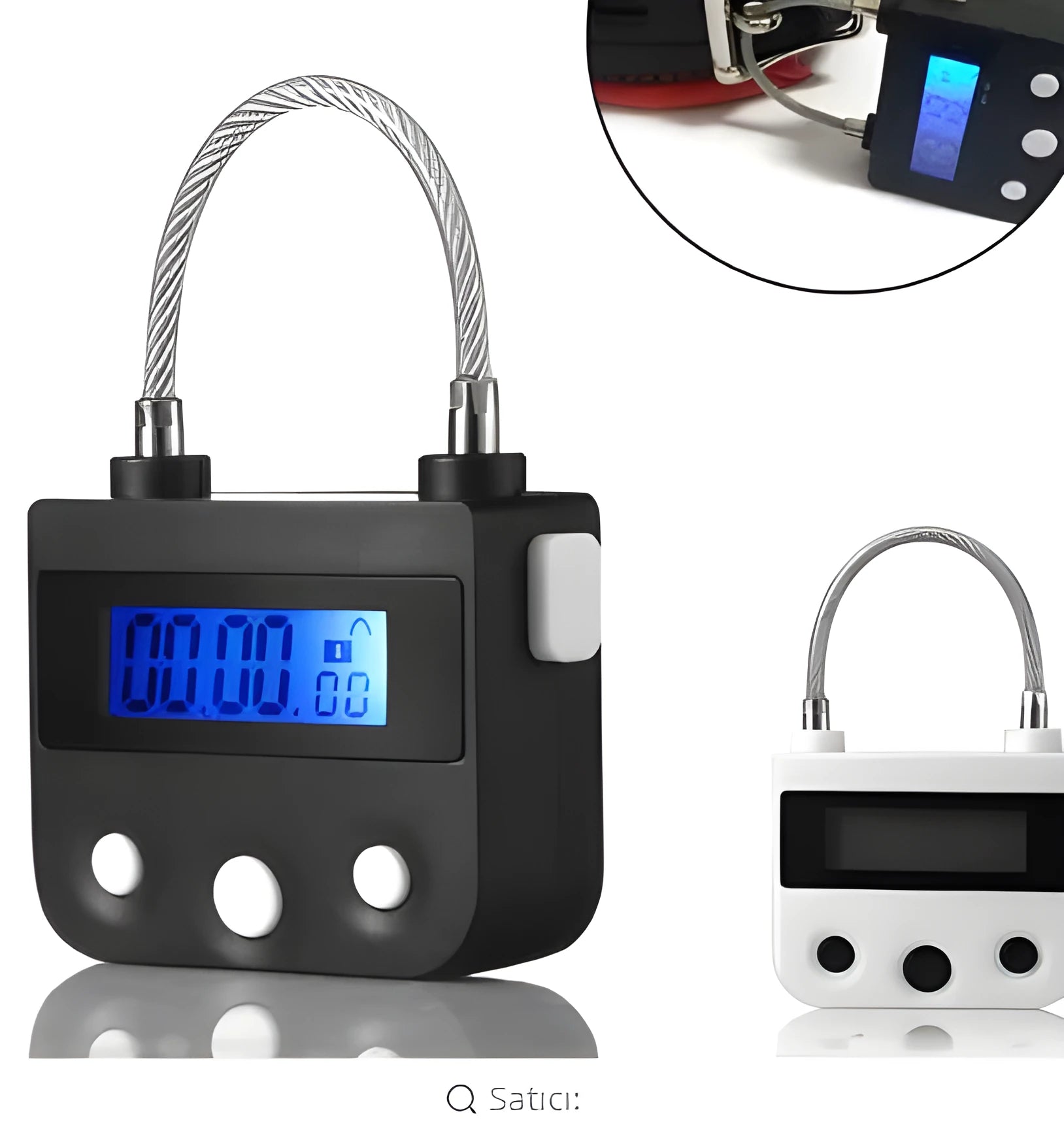 Black bondage timing lock with digital screen and button, USB rechargeable for BDSM restraint use