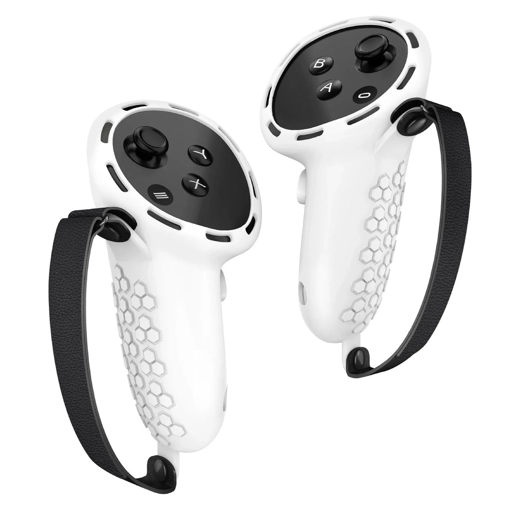 Silicone protective sleeve with wrist strap on a Meta Quest 3 VR controller.