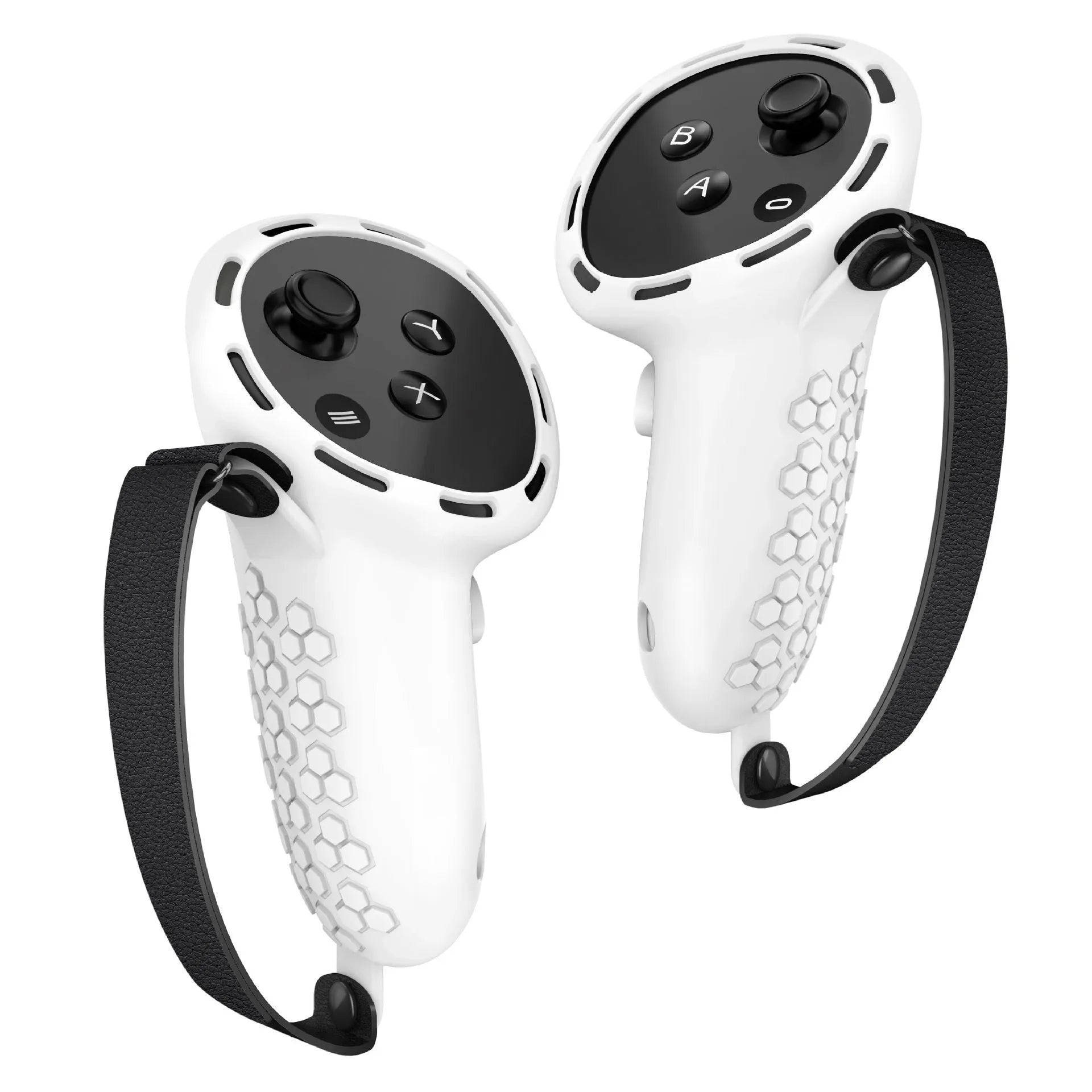 Silicone protective sleeve with wrist strap on a Meta Quest 3 VR controller.