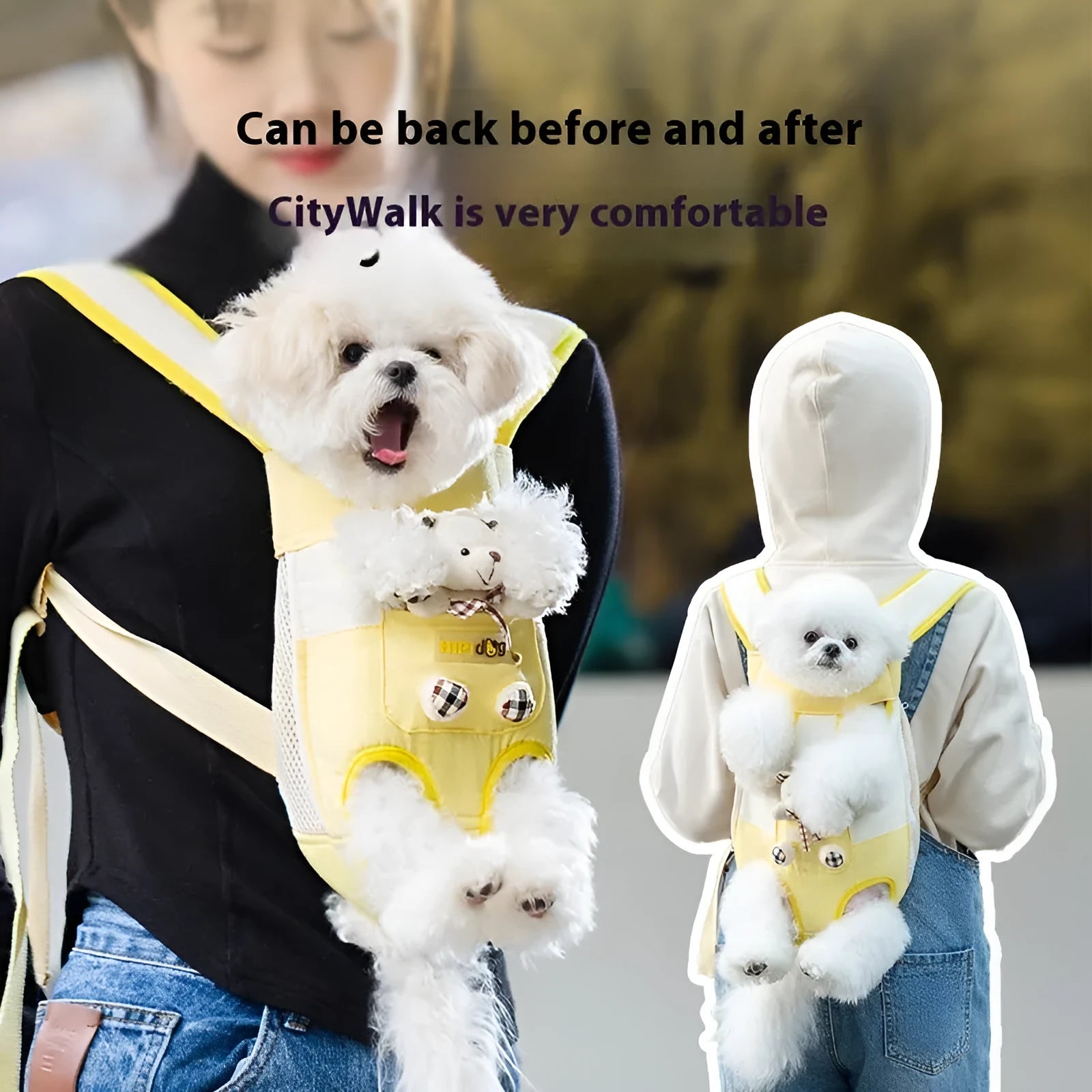 Cartoon pet chest carrier bag with animal pattern in soft canvas material with adjustable straps