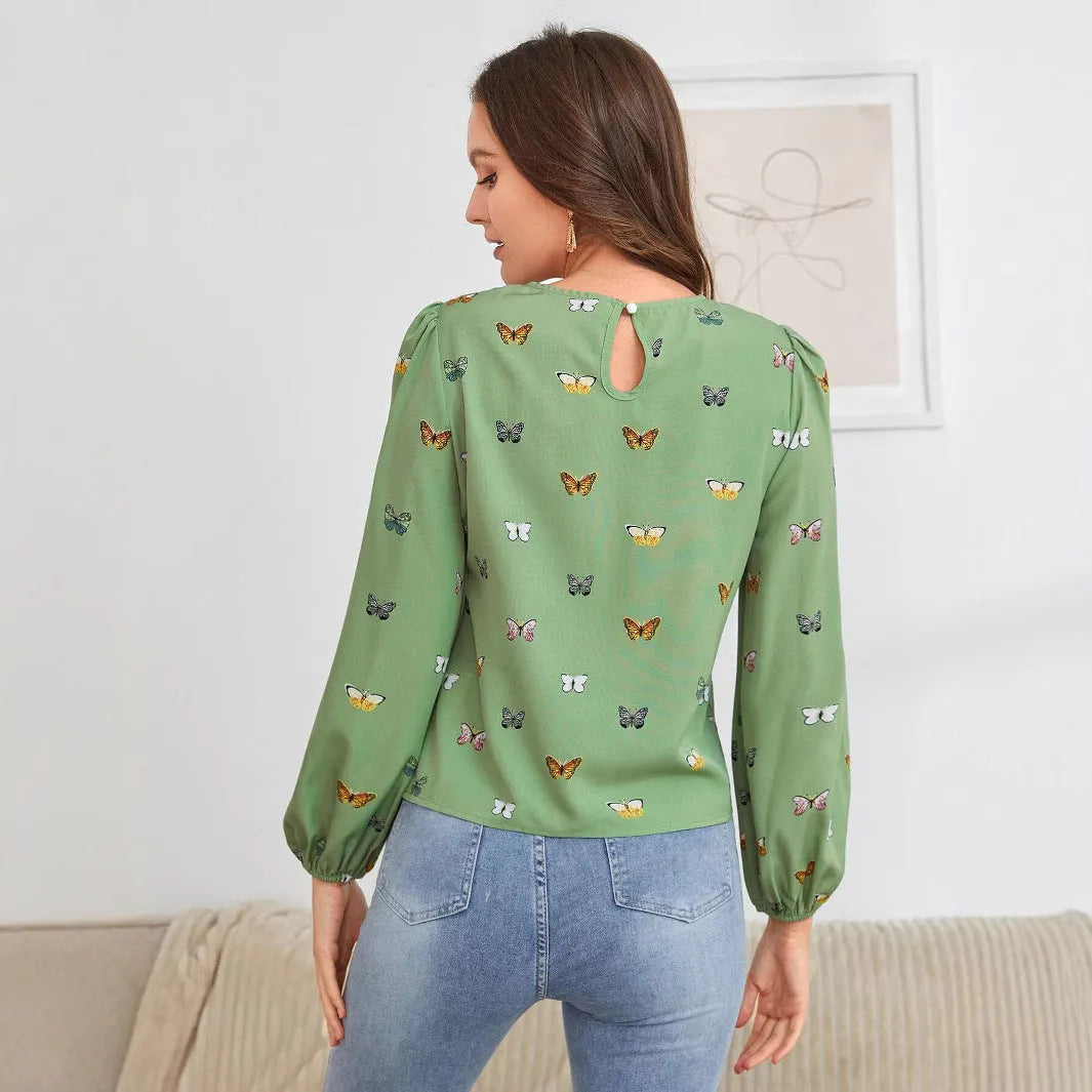 Women's long-sleeved butterfly print shirt in green and orange colour options