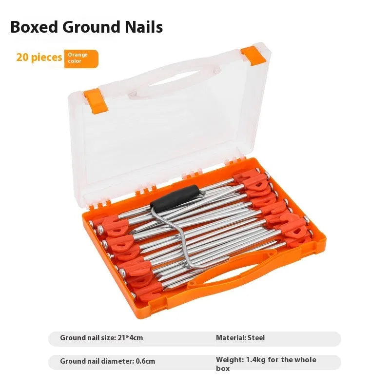 Boxed orange plastic tent stakes with small flat heads, 6.5x20.5mm, for outdoor camping ground fixing
