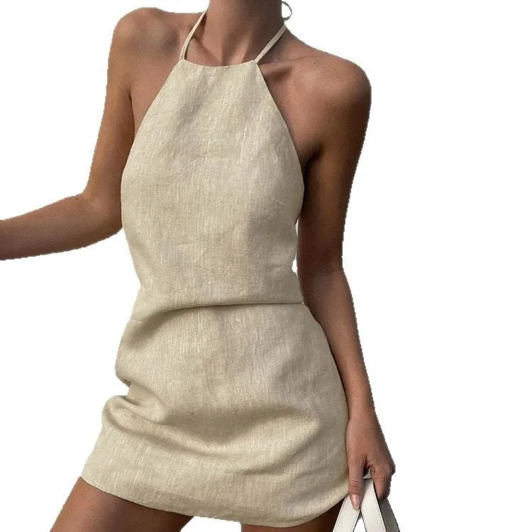 Women's solid colour cotton-linen summer dress with A-line skirt silhouette on hanger
