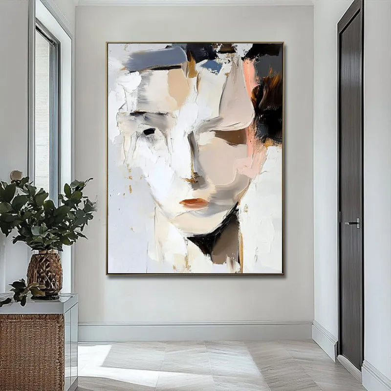 Abstract woman portrait hand-painted oil painting on canvas, modern black and white vertical one-panel wall art, unframed