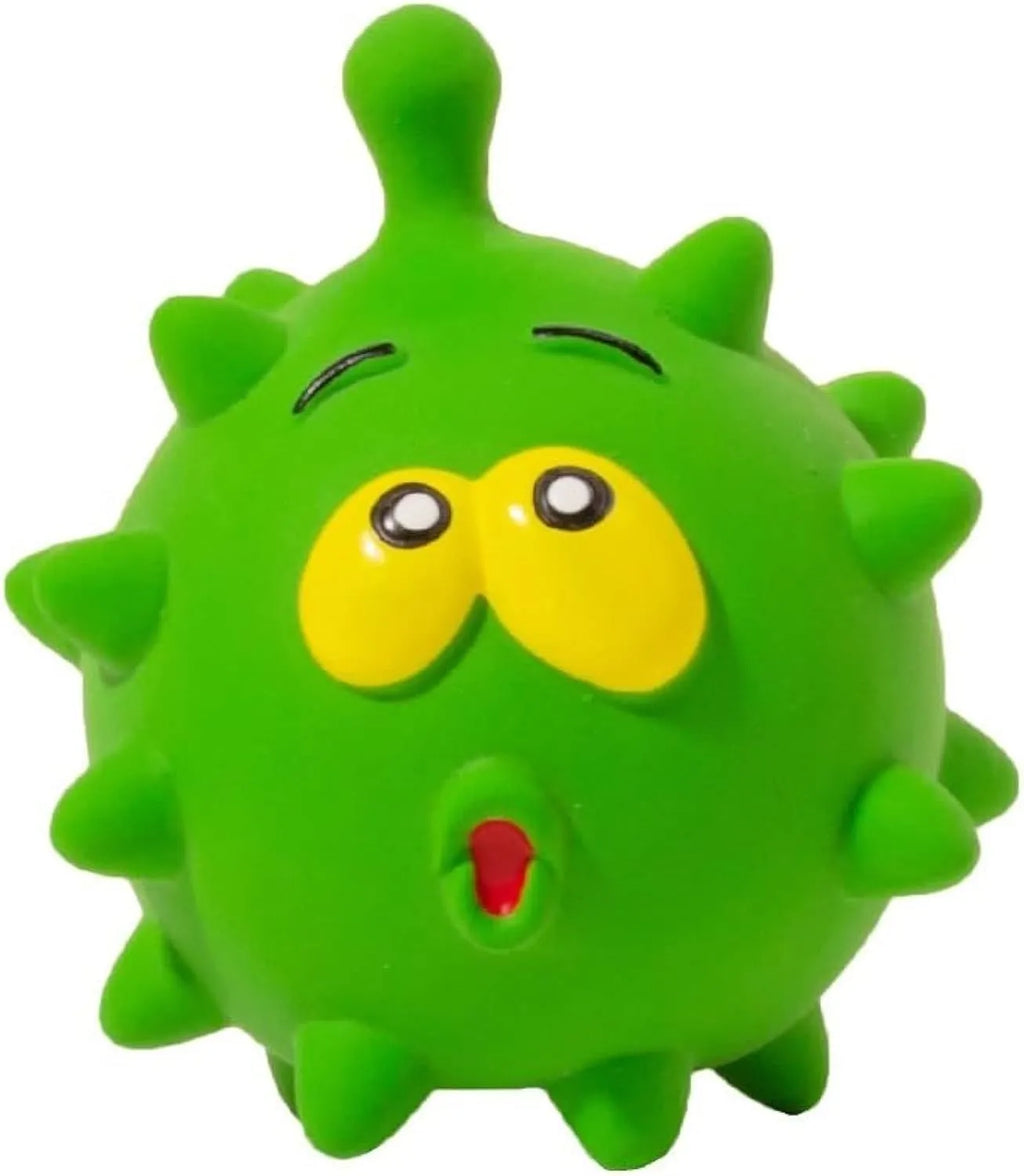 Four colourful natural latex dog squeaky balls with textured surfaces and cute faces