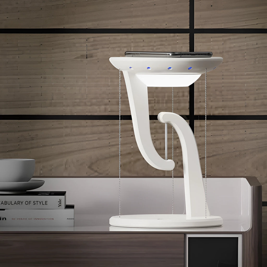 Creative Smart Wireless Phone Charger Suspension Lamp in white with phone placed on charging base, USB power cable visible, 160x230mm size