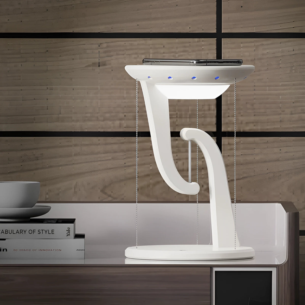Creative Smart Wireless Phone Charger Suspension Lamp in white with phone placed on charging base, USB power cable visible, 160x230mm size