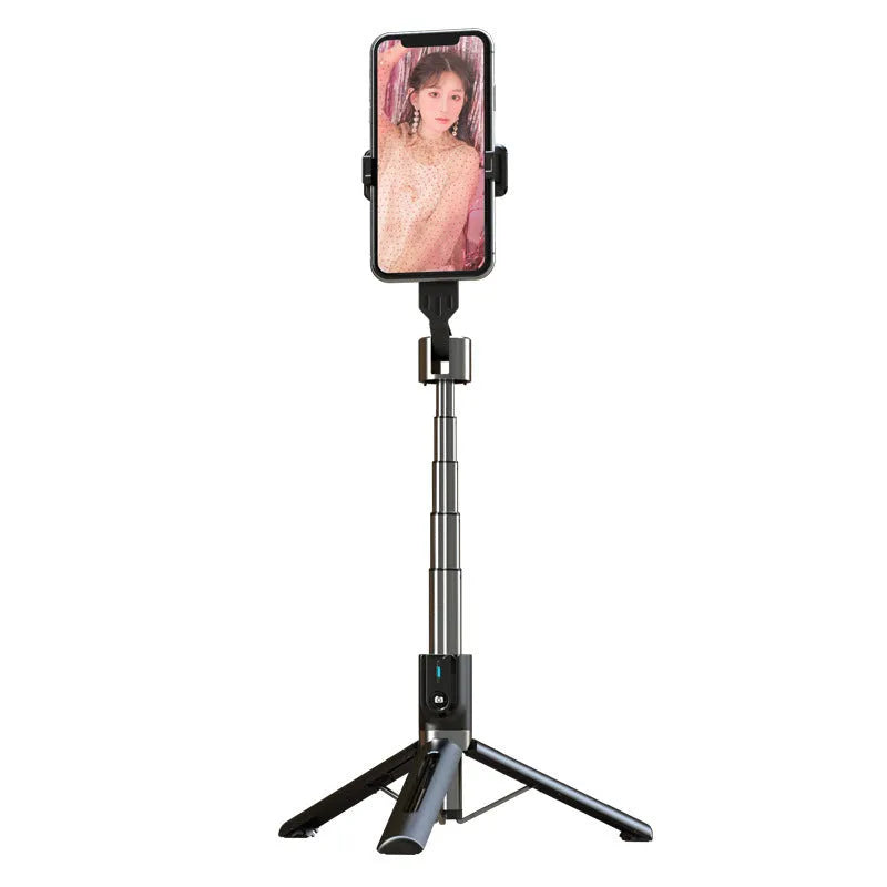 Black Bluetooth selfie stick with dual fill lights extended, showing aluminium telescopic arm