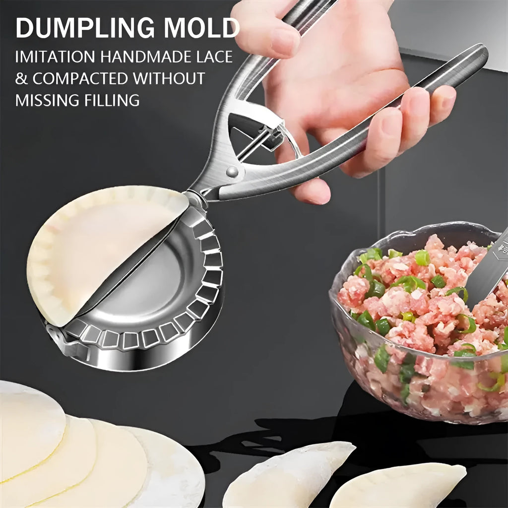 Silver stainless steel manual dumpling maker tool for pressing homemade dumplings.