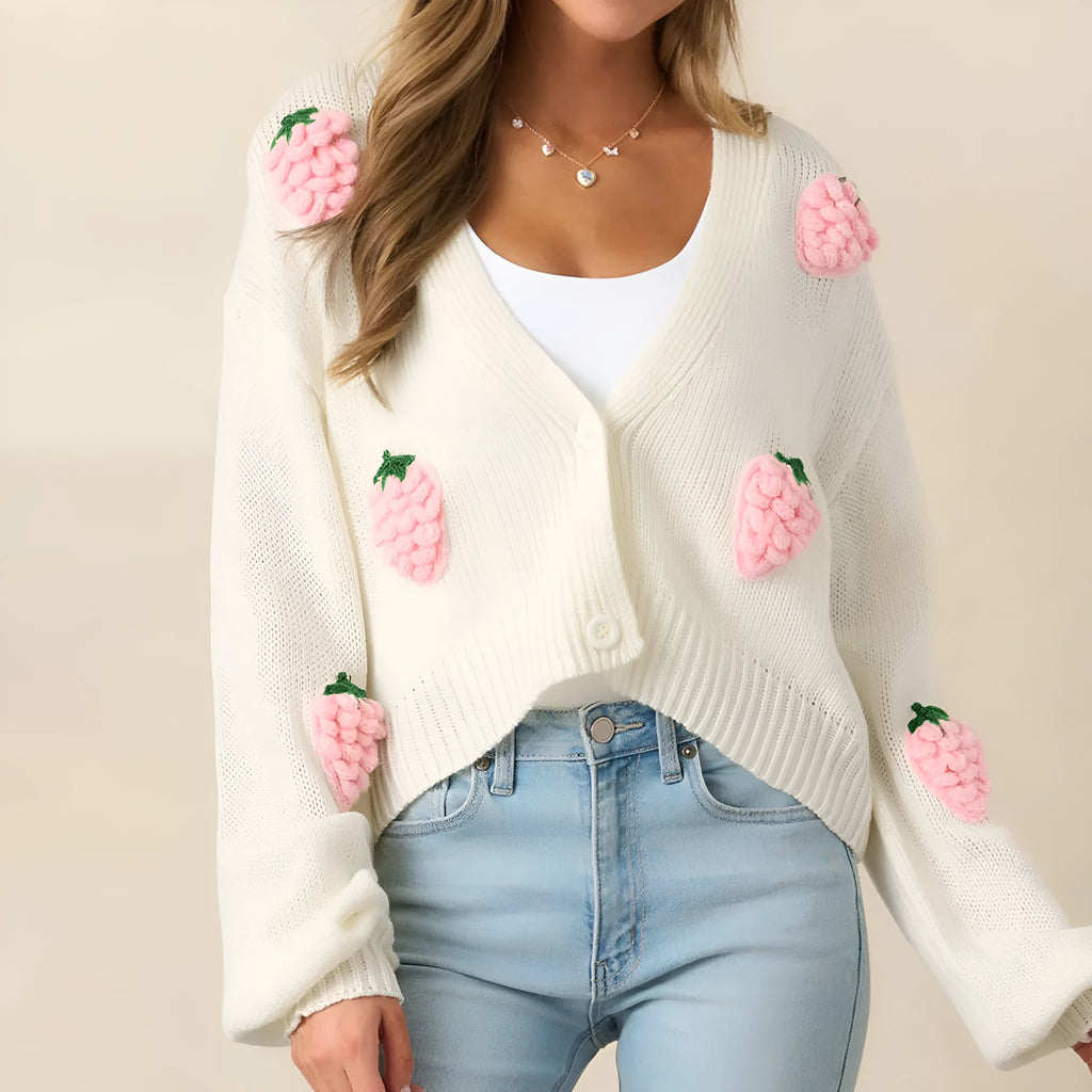 3D strawberry pattern women's acrylic knit sweater in milky white with long sleeves and regular fit