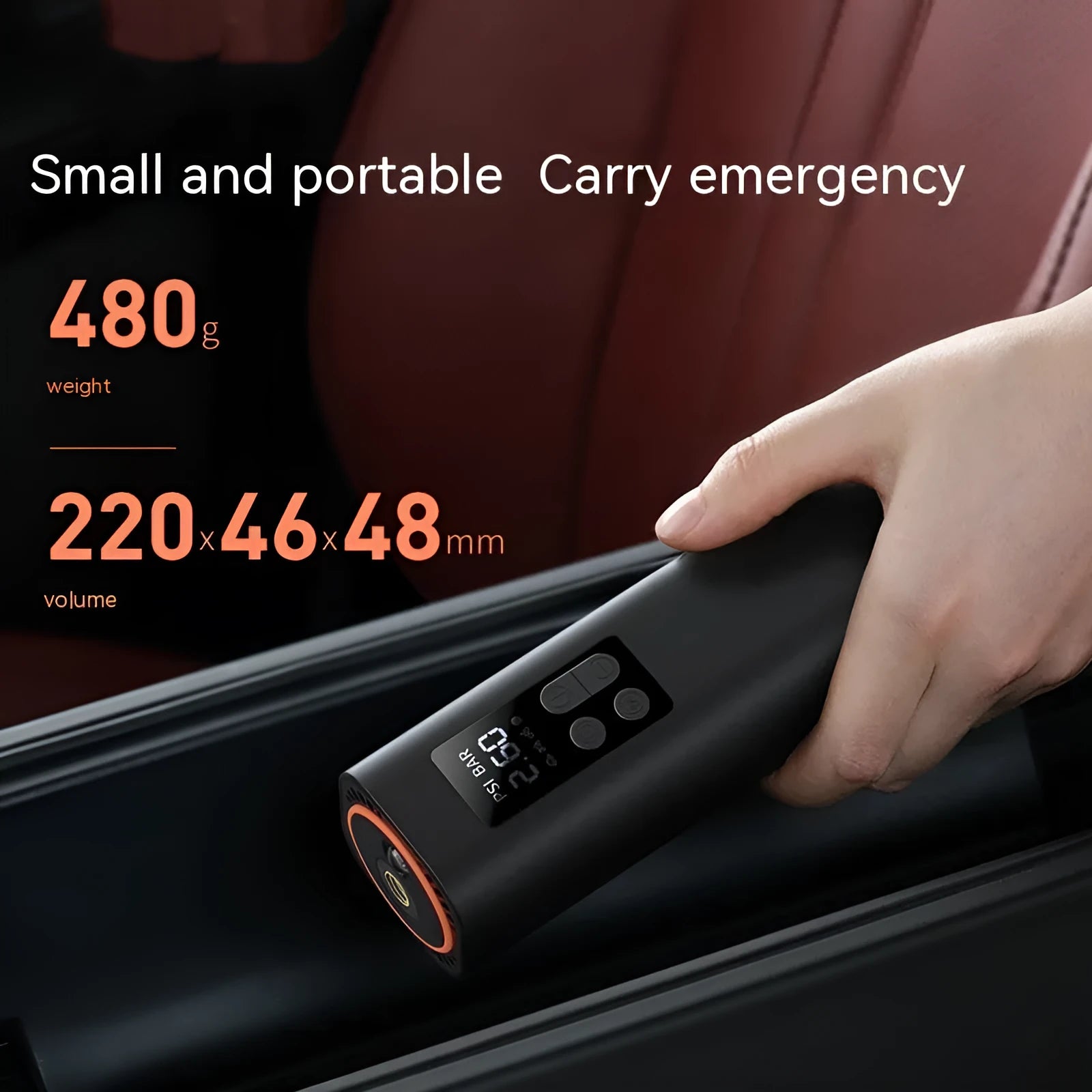 Black super mini digital display car tyre inflator with 12V power cable.