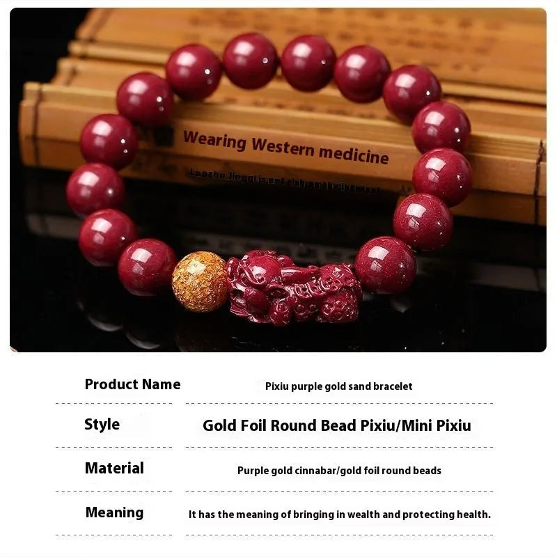 Purple gold sandstone cinnabar bracelet with totem design showing polished beads in three size options