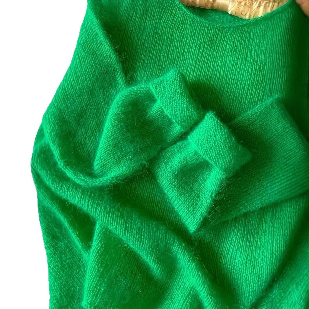 Women's green crew neck loose pullover sweater with long sleeves, polyester knitwear, sizes S M L
