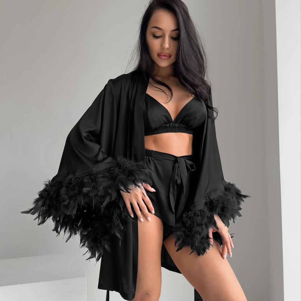 Feather trim satin home three-piece set with long sleeve nightgown, shorts, and underwear in blue, black, or white, sizes S M L.