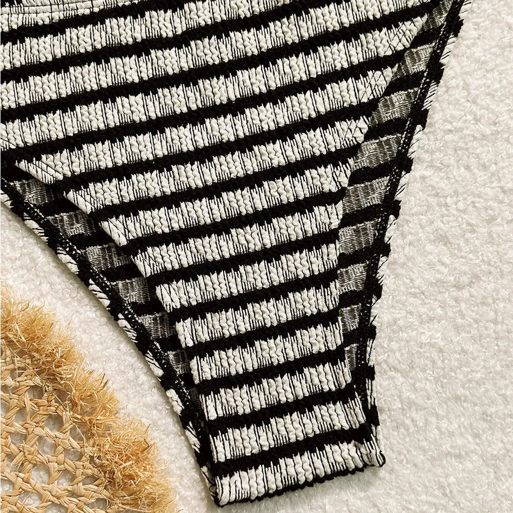 Women's pink and black striped printed bikini swimsuit, briefs style