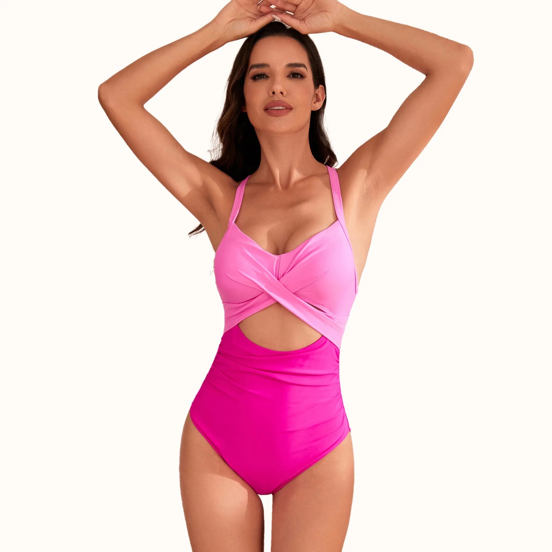 Women's high-waisted one-piece swimsuit with hollow design in a solid colour.