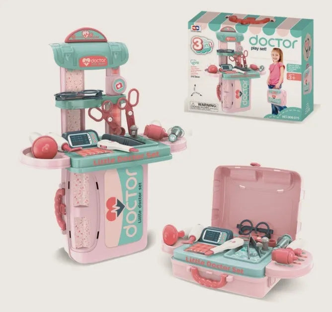 Children's plastic role-play toyset showing themed options for kitchen, tools, makeup, and doctor play.