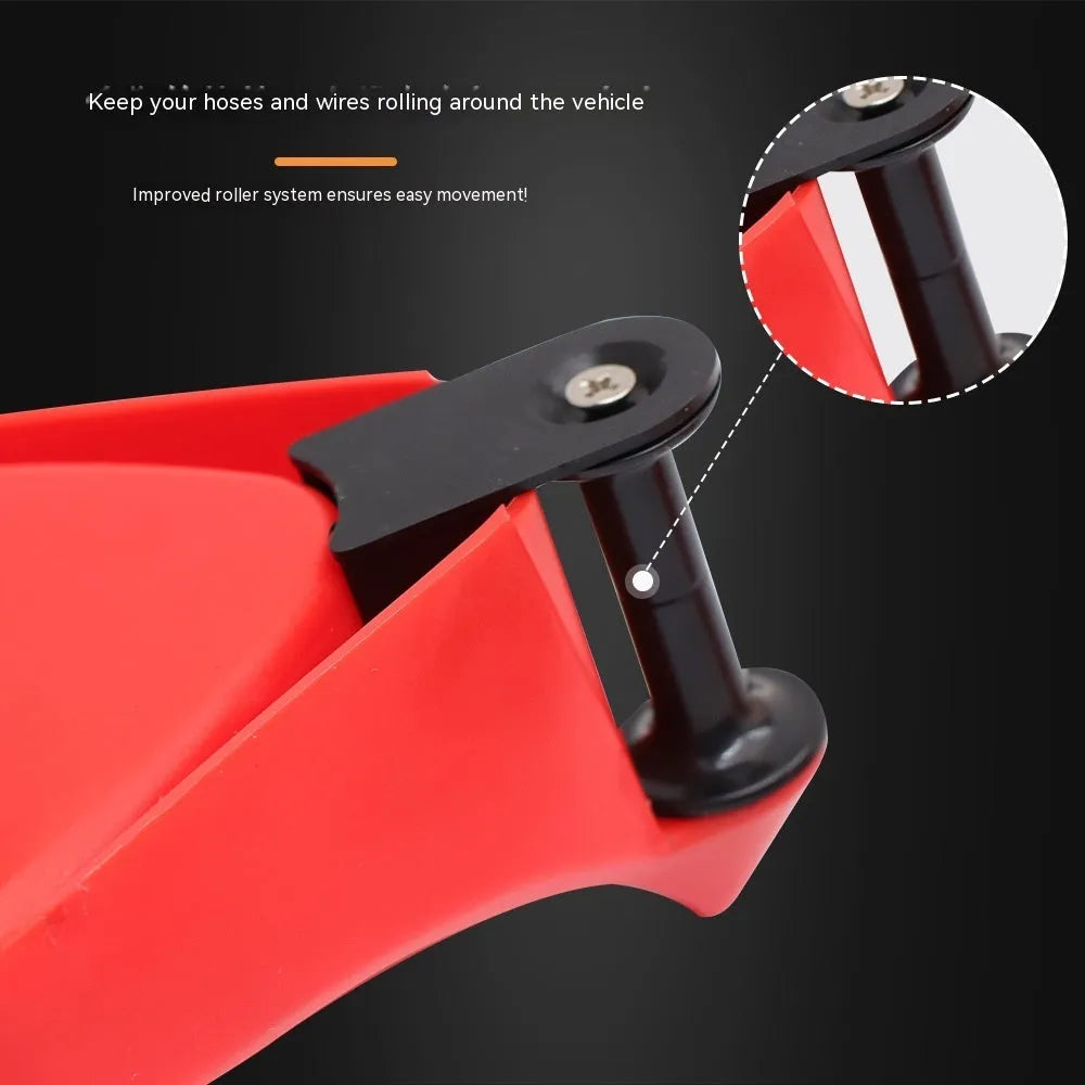 Four red plastic car stop parking blocks with non-slip rubber tread surfaces for tyre guidance