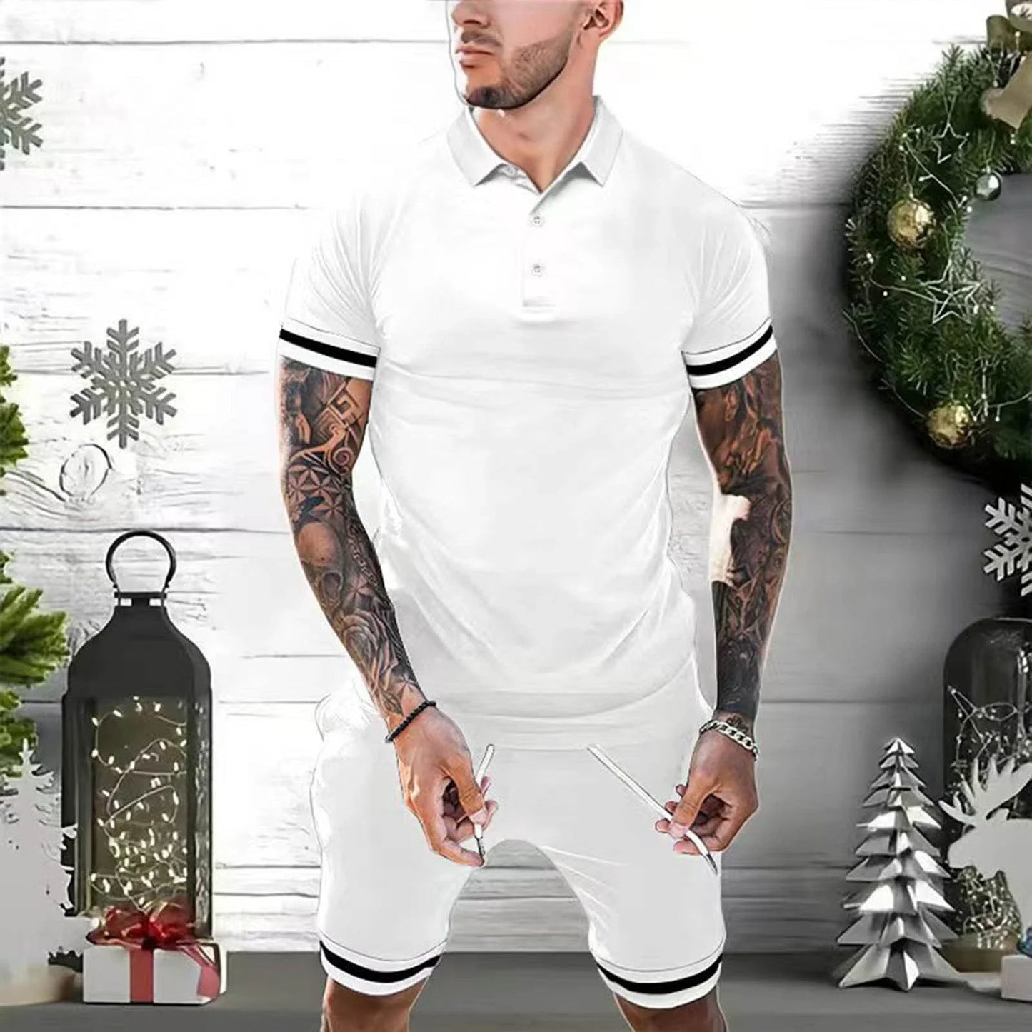 Men's 2-piece casual polo outfit in various colors and sizes, featuring a polo shirt and matching shorts for versatile styling