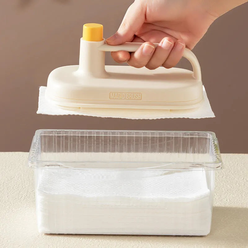 Magic Brush disposable dusting tool with plastic handle and white non-woven rags for cleaning
