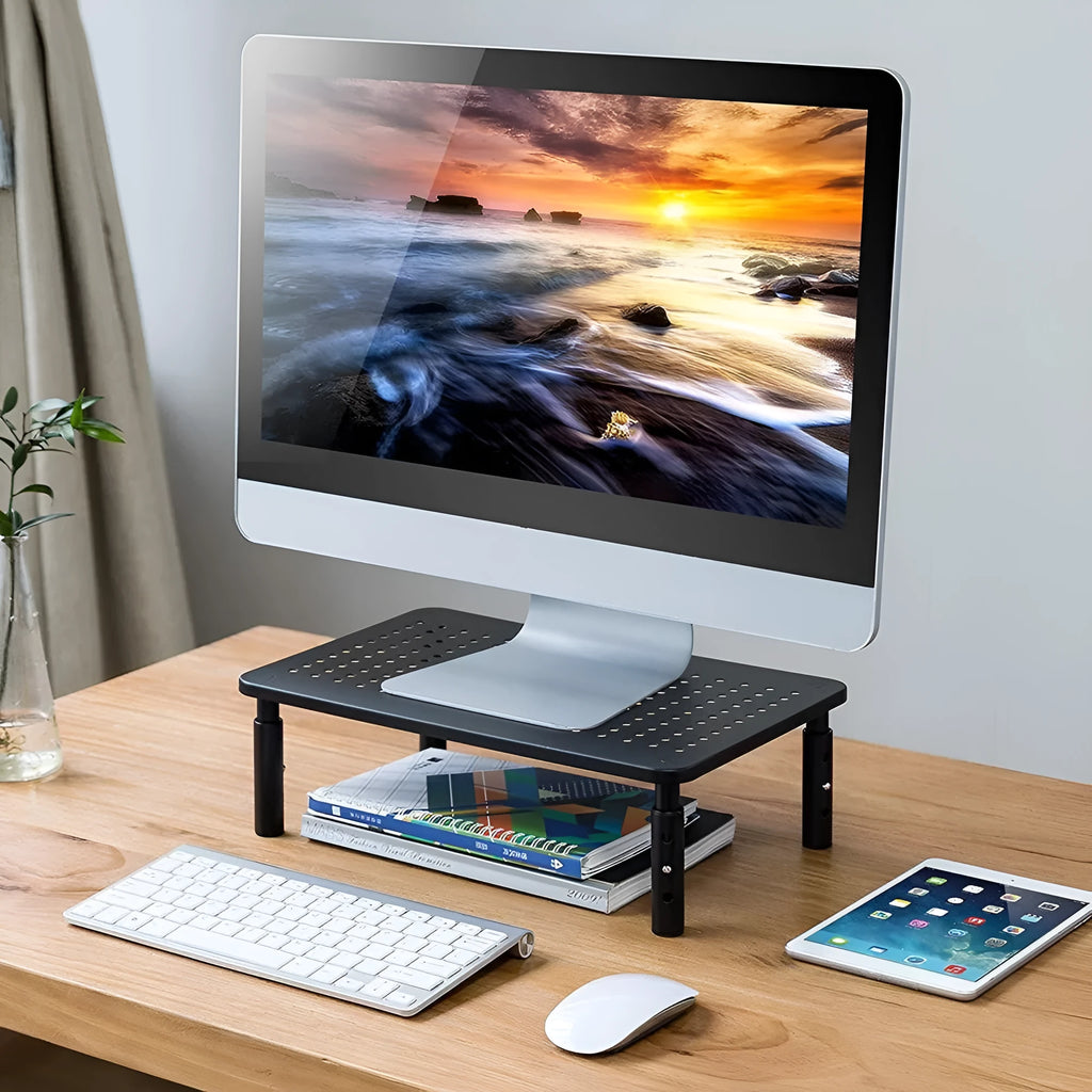 Black iron mesh height adjustable desktop rack for computer monitor and notebook, 370x235x140mm with anti-slip surface